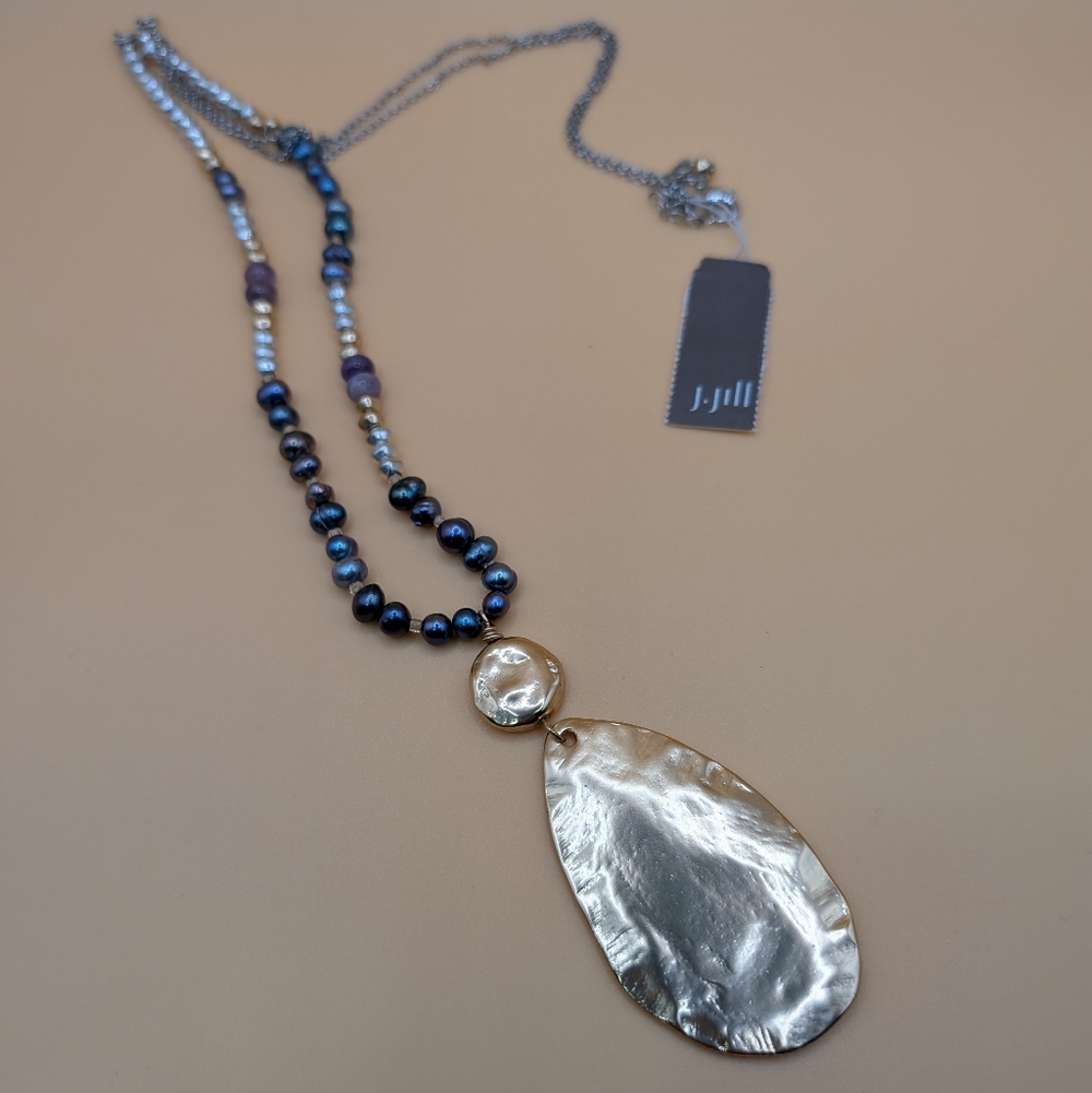 NWT J. Jill Blue & Purple Beaded Hammered Gold Pendant Necklace